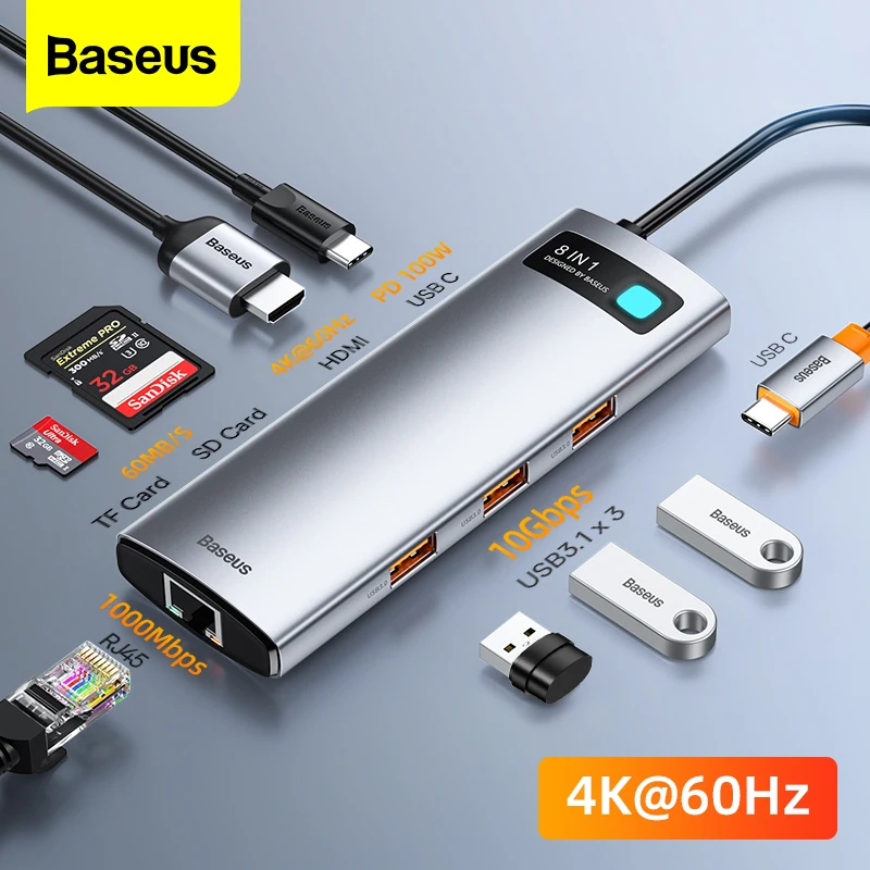 

USB-концентратор Baseus, 4K, 60 Гц, USB Type-C, HDMI-совместимый, RJ45, PD100W, USB 3,1