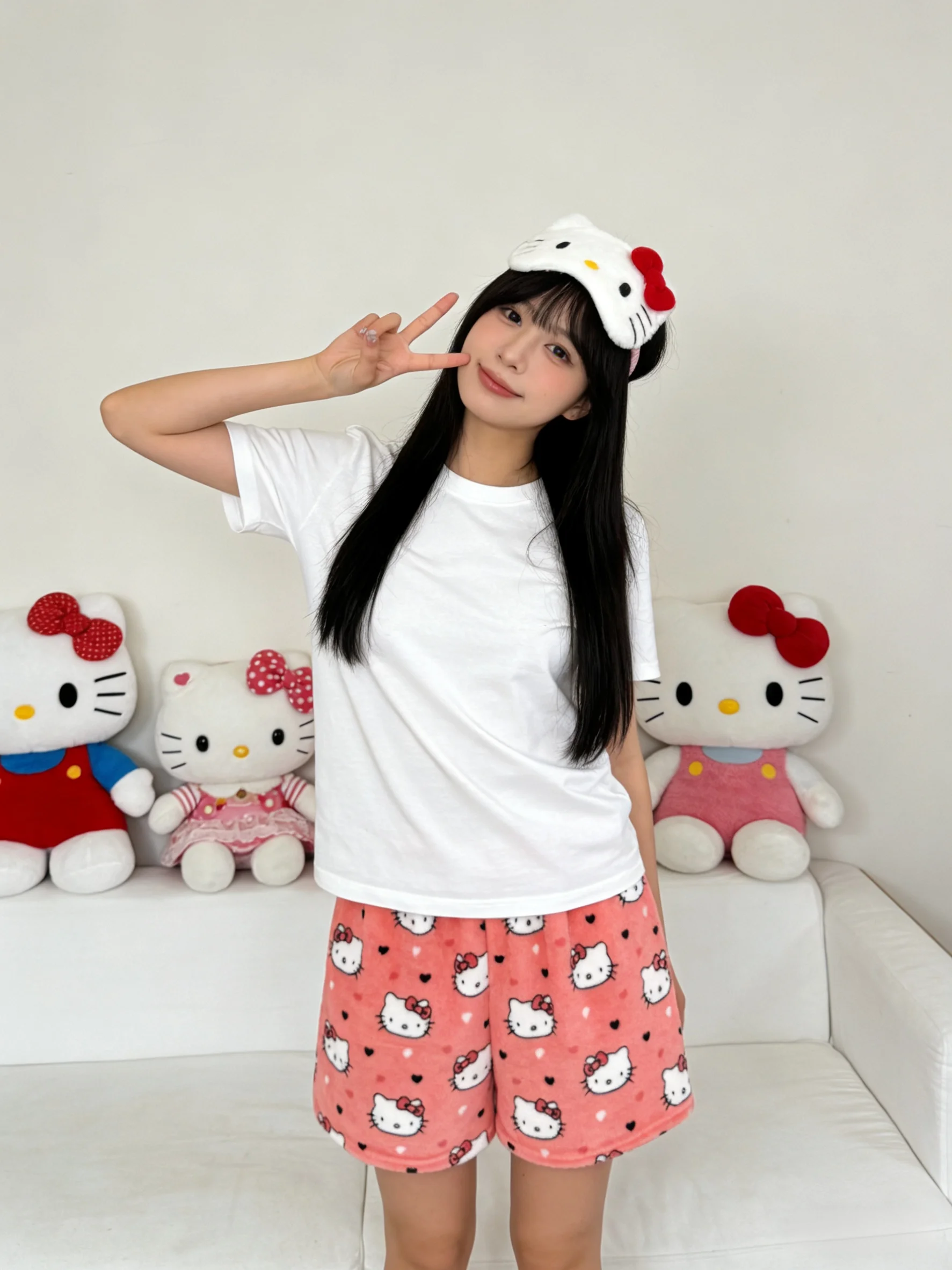 Hello Kitty Flannel Sleep Pants, Peach Shorts for Strolling, Couple Pants, Y2K Festival Gifts, Vacation Outfits, Party Outfits