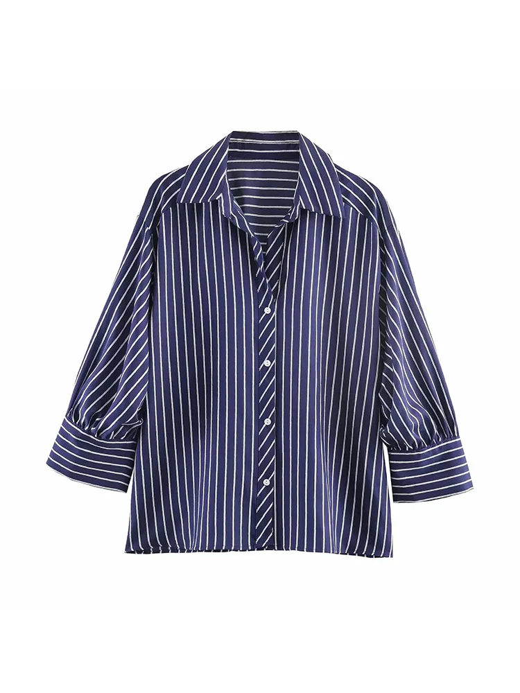 

Women Striped Loose Shirt For Women Casual Turndown Collar Single Breasted Long-sleeve Blouse New Summer Office Lady Shirts