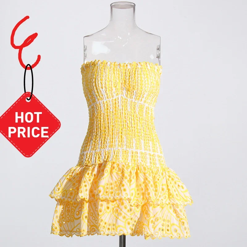 เดรสเซ็กซี่ทรงเข้ารูปสำหรับผู้หญิง ตัดเย็บแบบหลายชั้น ชายระบาย จับจีบ สายเดี่ยว ไร้แขน เปิดไหล่ เอวสูง ทรงมินิเดรส เสื้อผ้าผู้หญิง