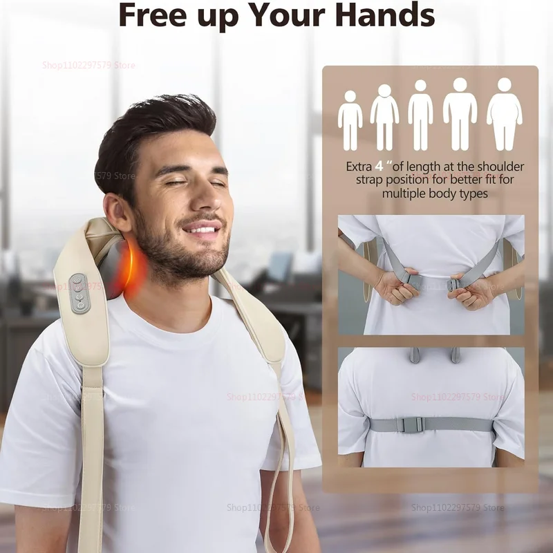مدلك الرقبة، مدلك شياتسو اللاسلكي للكتف والظهر مع حرارة مهدئة، مناديل كهربائية عميقة، للرقبة والخصر والفخاخ والظهر