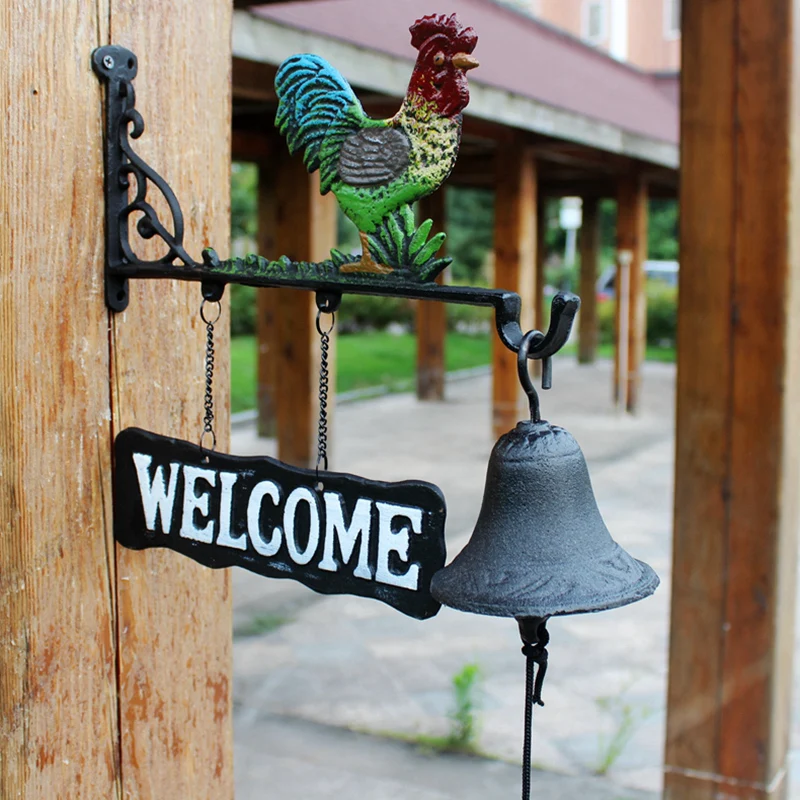 Colorful Rooster Iron Doorbell, Cast Iron Handbell, Front Door Entrance Bell, Hanging Decorative Welcome Sign, Garden Decoration