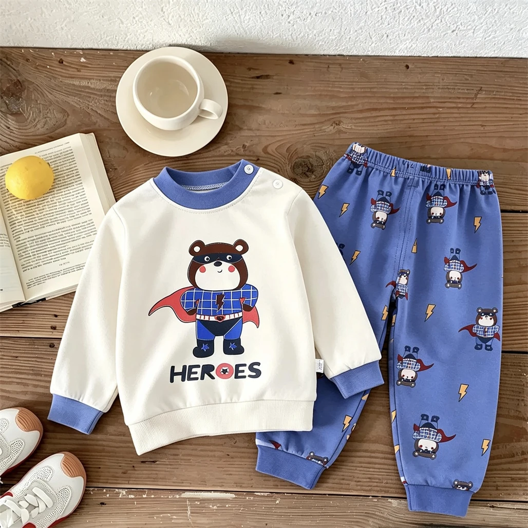 Small Child Long-sleeved Outfits Pure Cotton Underwear 2Piece Set Cartoon Full Print Tops Simple All-match Pajamas Pants Suit