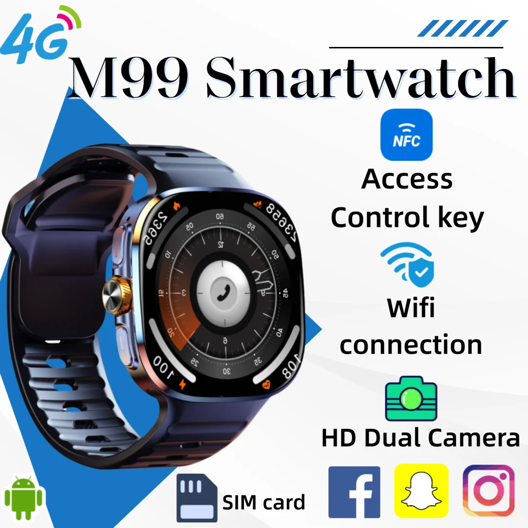 

New M99 5G Smartwatch 2.4-inch AMOLED Android OS Rotary Camera SIM Card Slot WiFi 24/7 Health Monitoring for Men and Women