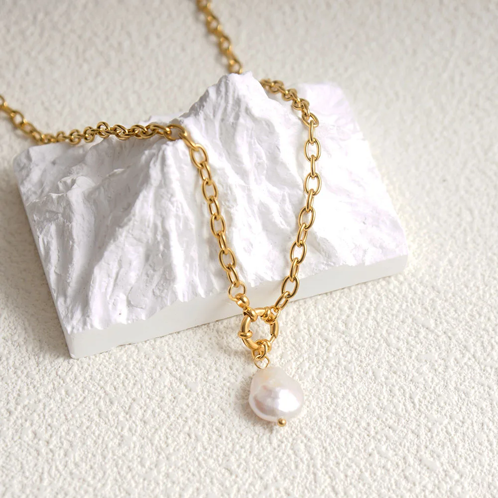 عقد من اللؤلؤ الطبيعي للنساء ، الفولاذ المقاوم للصدأ ، قلادة مشبك بحار ، لون ذهبي وفضي ، رولو تشيان معدني ، كولير حجري #4