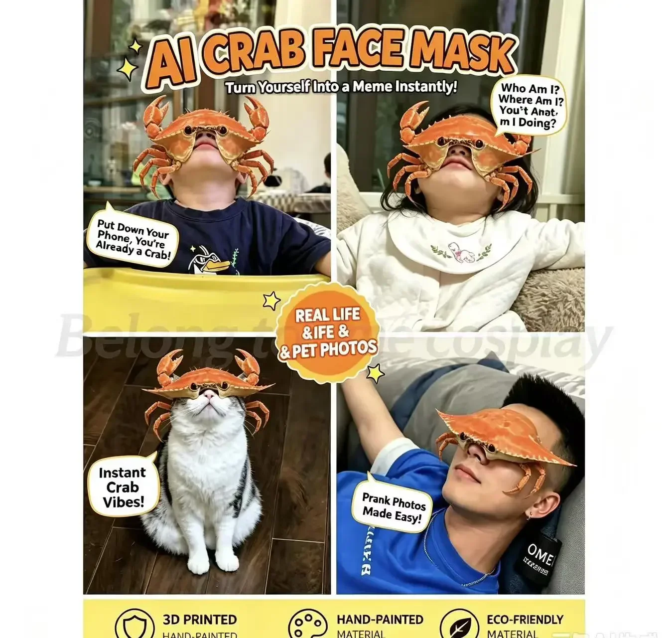 AI crab face funny mask shuttle crab shell prank prop 3D printed PLA hand colored photo prop