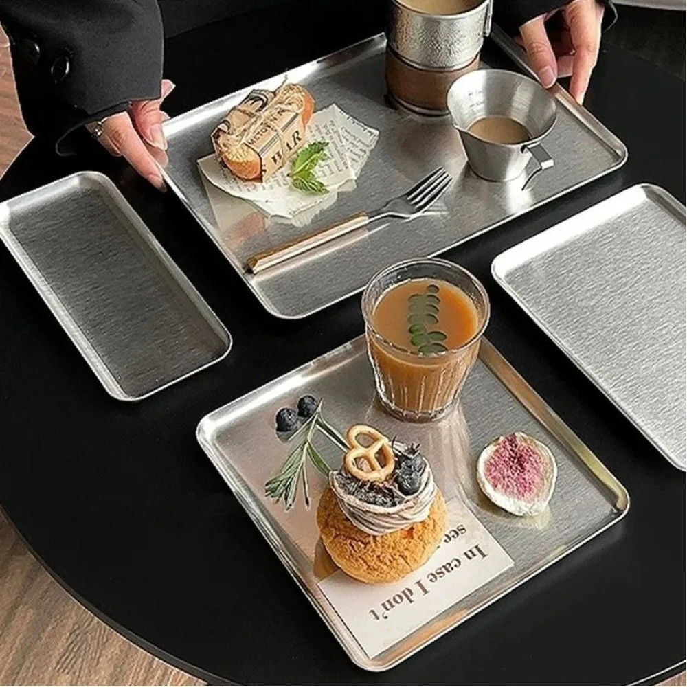 

Nordic Stainless Steel Rectangular Plate Kitchen Storage Ins Korean Cake Dessert Plate Coffee Tray Cafe