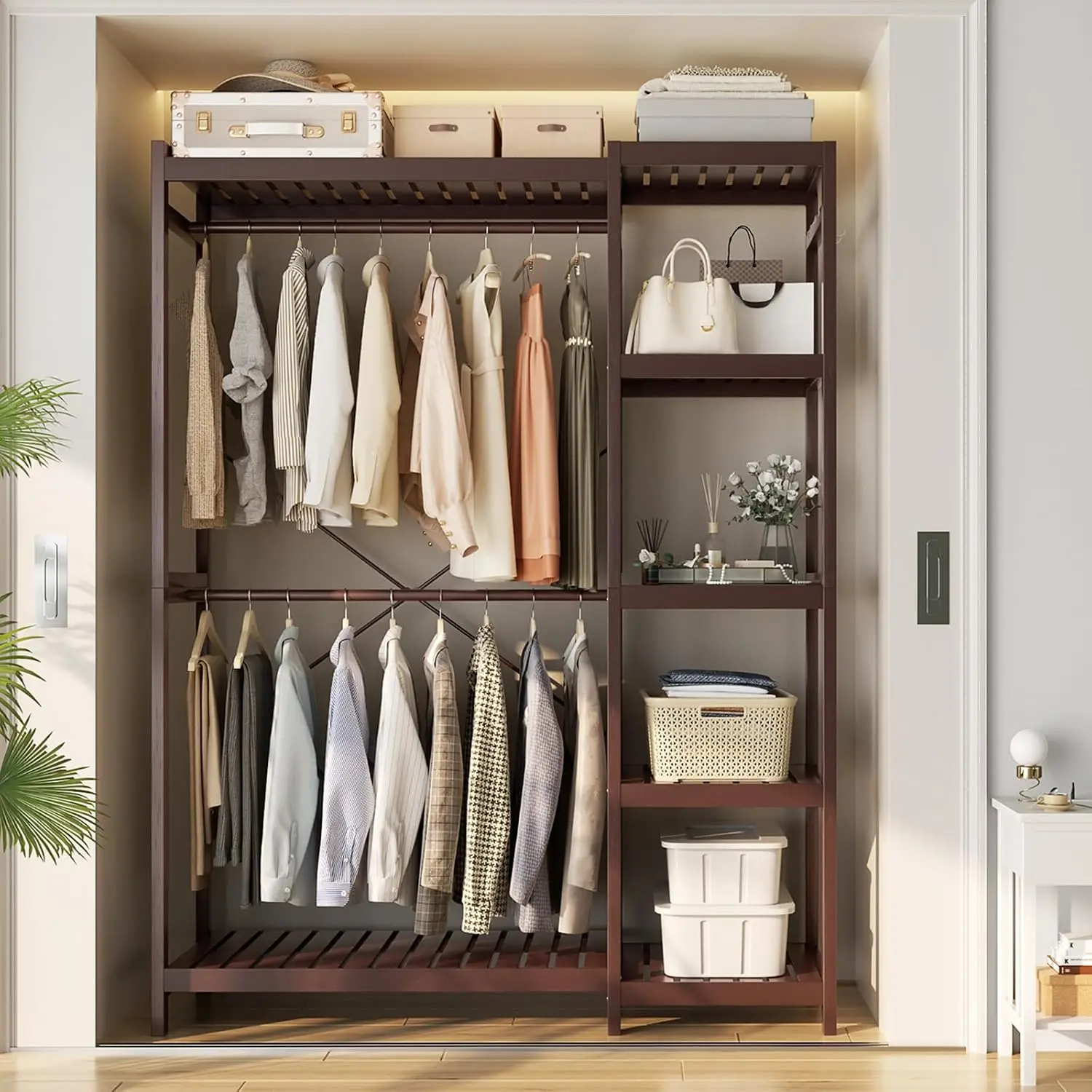 Bamboo Closet System,Heavy Duty Clothing Rack for Hanging Clothes,Freestanding Clothes Rack with 7 Adjustable Shelves,Customized