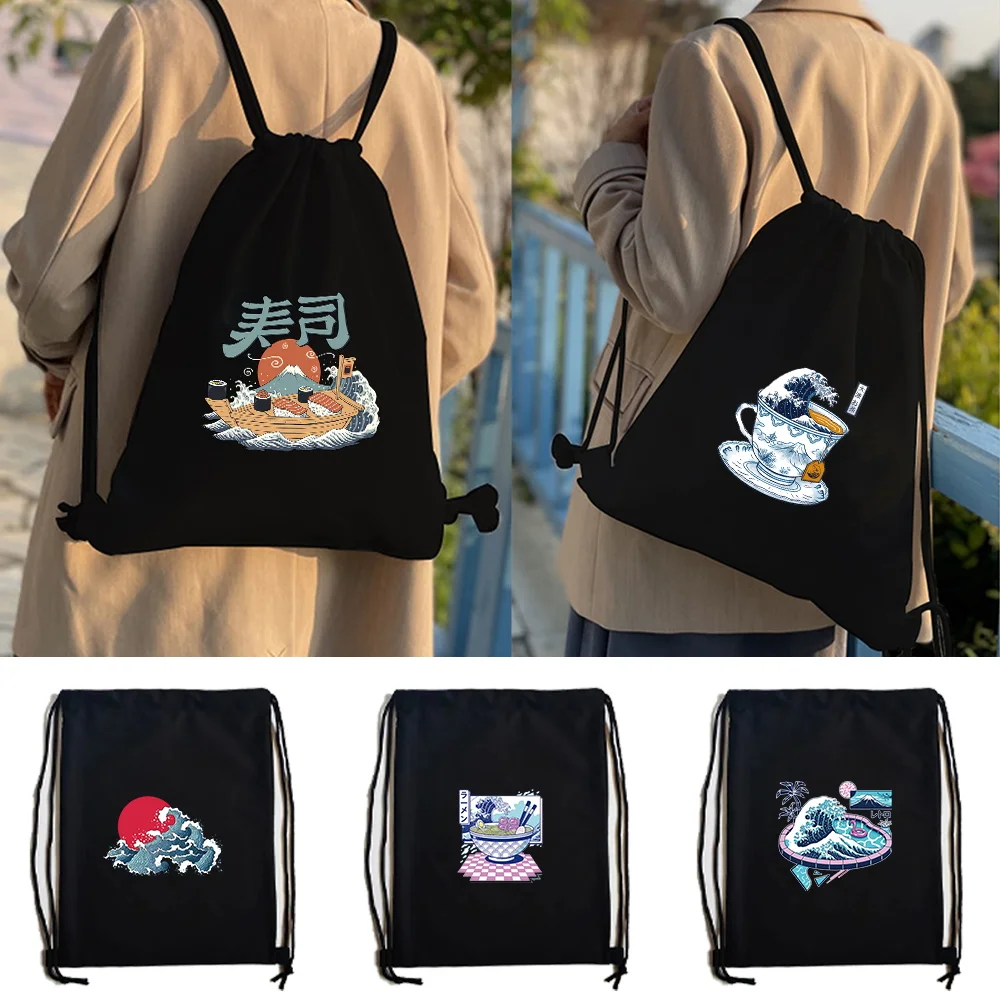 

Foldable Drawstring Backpack Wave Printed Lightweight Washable Sturdy Daypack Portable Outdoor Sport Bag Fitness Beach Bag Women