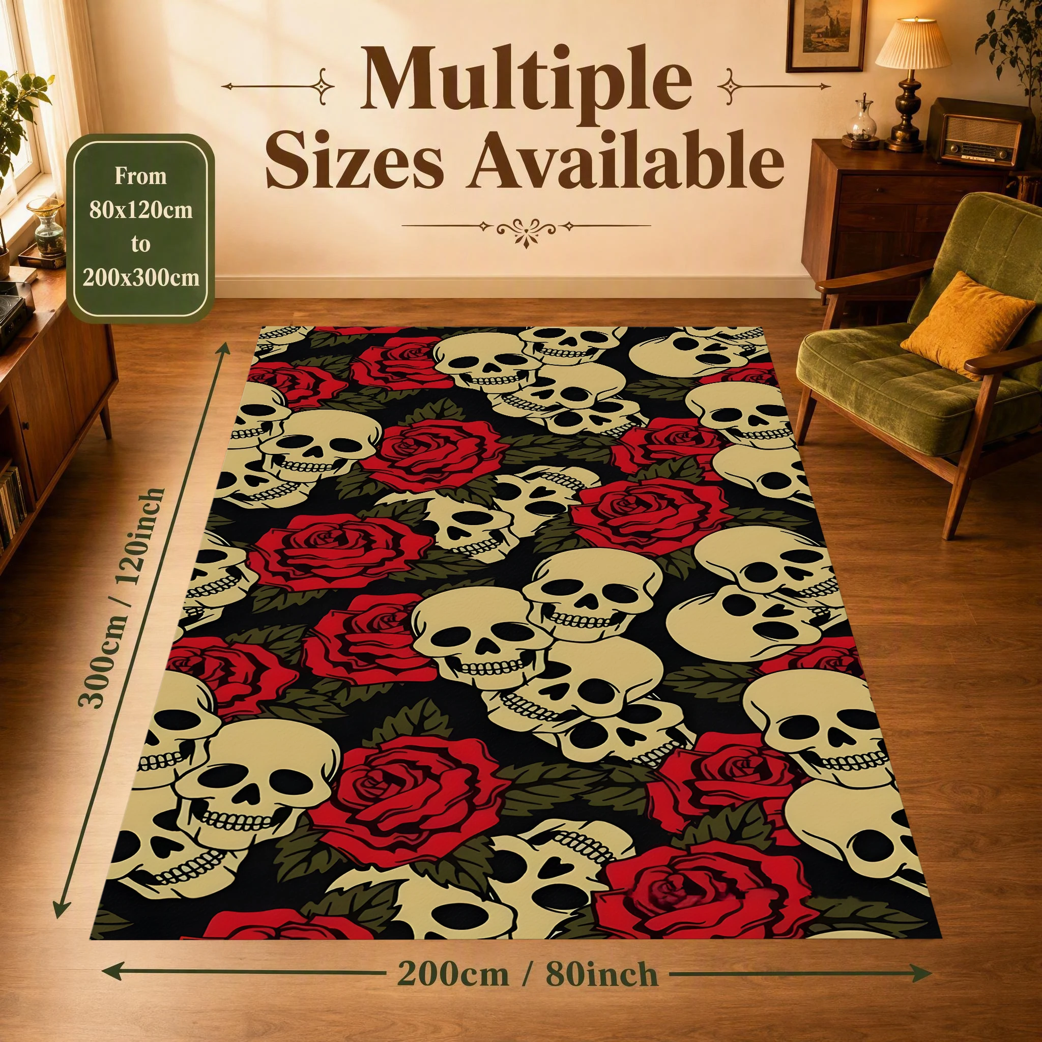 Skull Red Rose All over Print 2D Area Rug in Dark Unique Style for Home, Halloween Party Decor