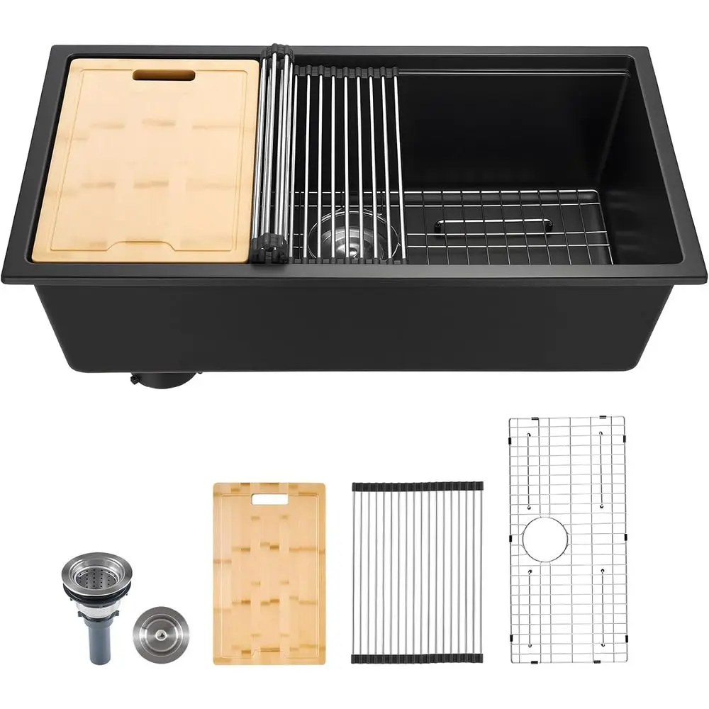 

Кухонная раковина-столешница 33 дюйма, гранитная мойка с верхним монтажом, встраиваемая одинарная чаша с множеством аксессуаров, бытовая посудомоечная раковина