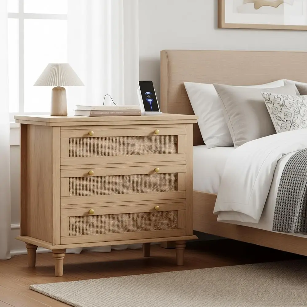 Wide Rattan Nightstand with 3 Large Storage Drawers, Wooden Bed Table with Charging Station, Oversized End Side Table with Solid