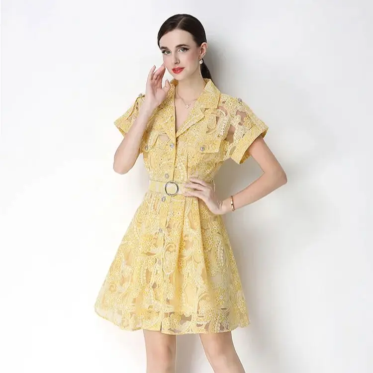 

Elegant Lace Embroidery Hollow-out Mini Dress for Women Lapel High Waist A-Line Short Sleeve Single Belt Short Vestidos Summer