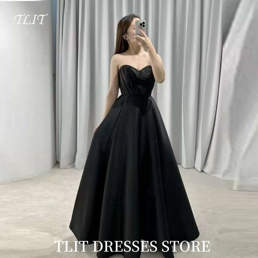 

TLIT Simple Black Satin A-Line Evening Dresses Strapless Floor-Length Prom Gowns Korea Wedding Dress Photo Shoot Customized