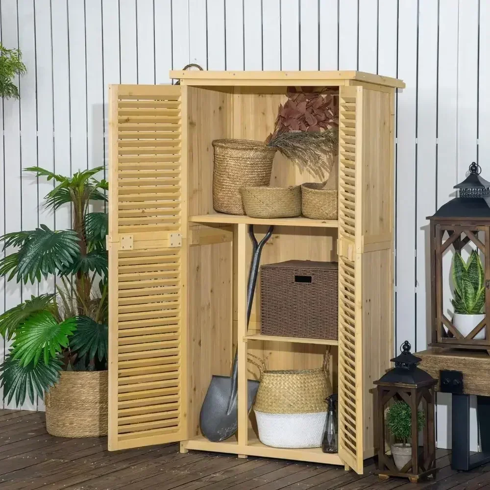 Natural 5' x 3' Outdoor Wooden Storage Cabinet with Asphalt Roof and 2 Large Doors, Secure Lock Included