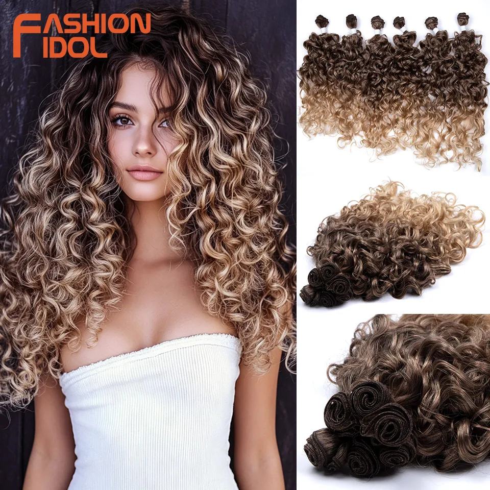 FASHION IDOL 24-28 Zoll 300g Tiefwellige Hitzebeständige Synthetische Flauschige Weiche Lockige Haarverlängerungen Ombre Braun Gewebte Haarbündel