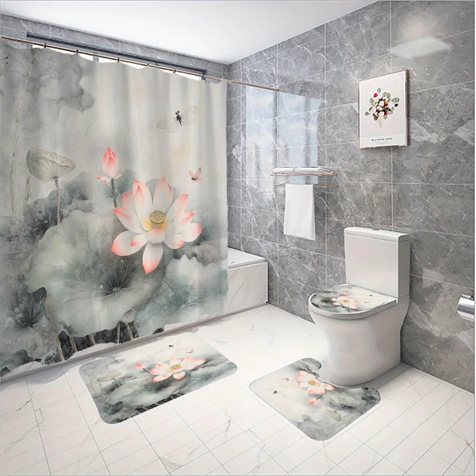 

4pc Poetic ink painting style lotus pattern bathroom set, shower curtain, non-slip mat, toilet seat cover, U-shaped mat