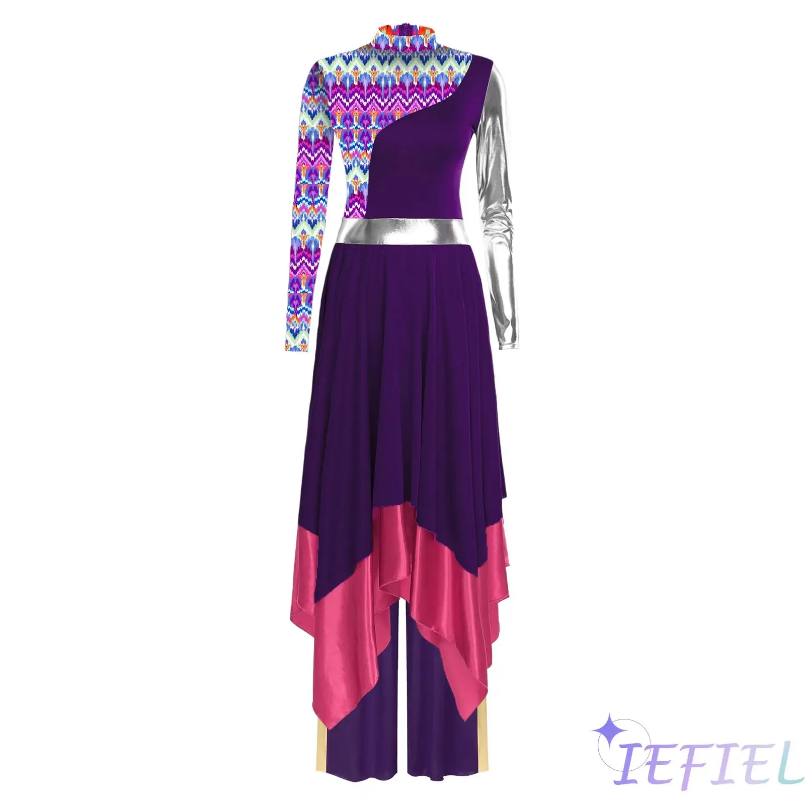 

2 Piece Elegant Liturgical Dance Costume for Women Flowing Metallic Patchwork Pants And Printed Dress for Worship Performance