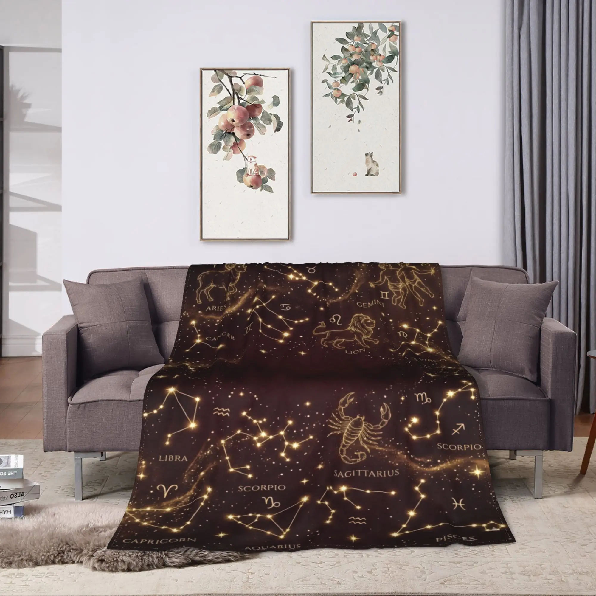 Astrology Zodiac Moon and Stars Warm Soft Blanket  Airplane Travel Plush Throw Blanket Bedroom Flannel Bedspread Sofa Bed Cover