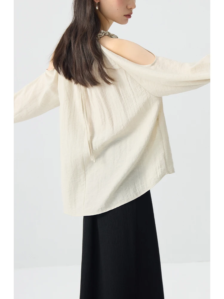 ZIQIAO French Style Linen Material Off-shoulder Women Shirt 2024 Summer New Unique Design Halter Neck Female Top 24ZQ92282