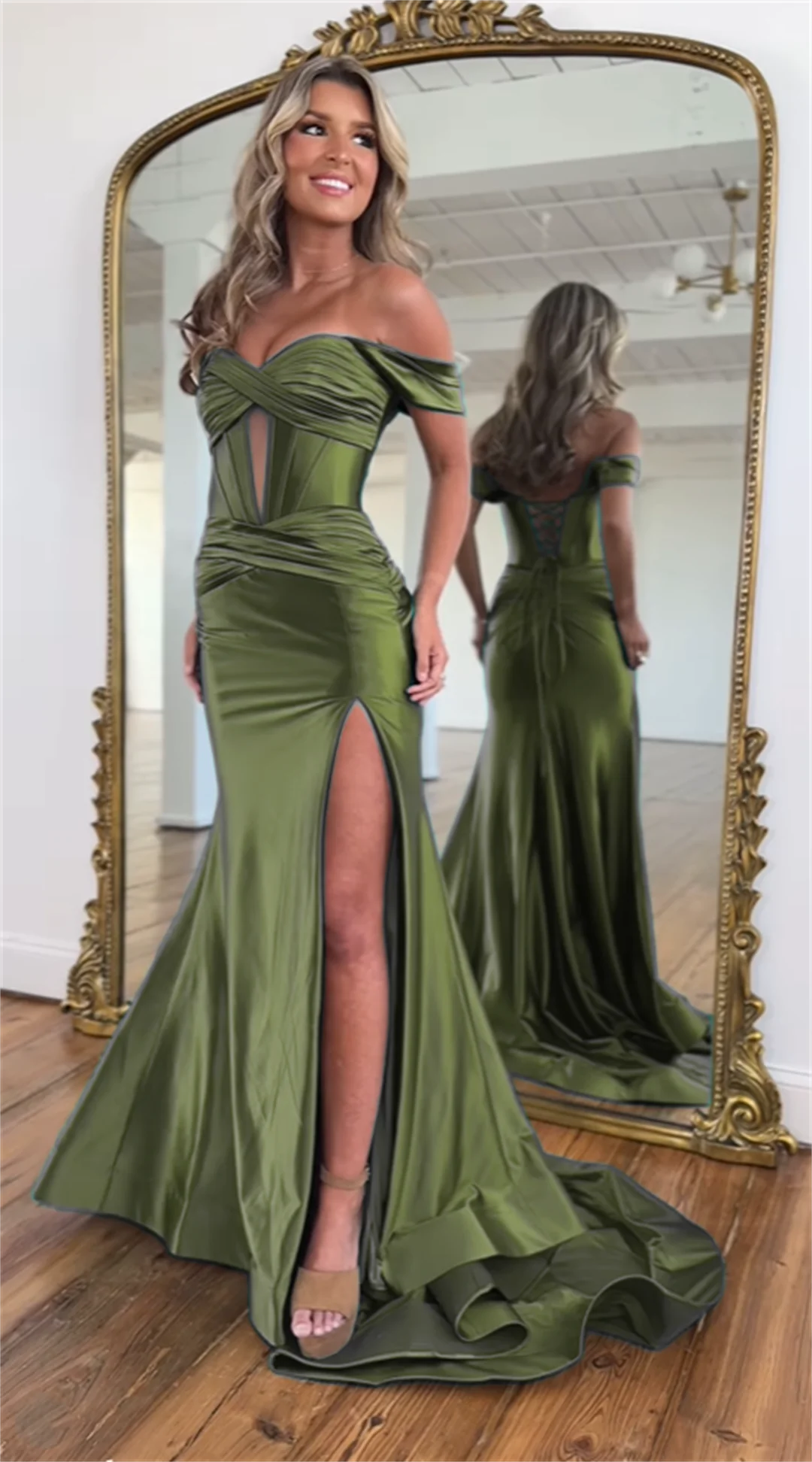 

Green Off the Shoulder Mermaid Cocktail Dresses Sweetheart Backless Lace Up Side Slit Ruched Wedding Bridesmaid Evening Gowns