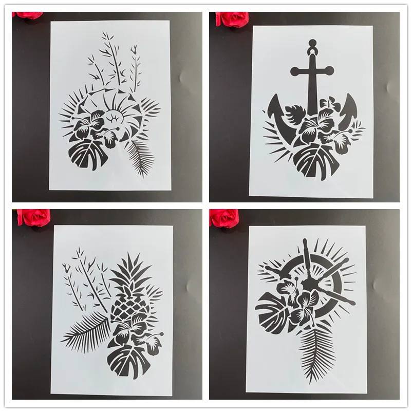 

4pcs /set A4 Mandala Stencils Painting Coloring Embossing Scrapbook Album Decorative Template cake stencil pineapple plant