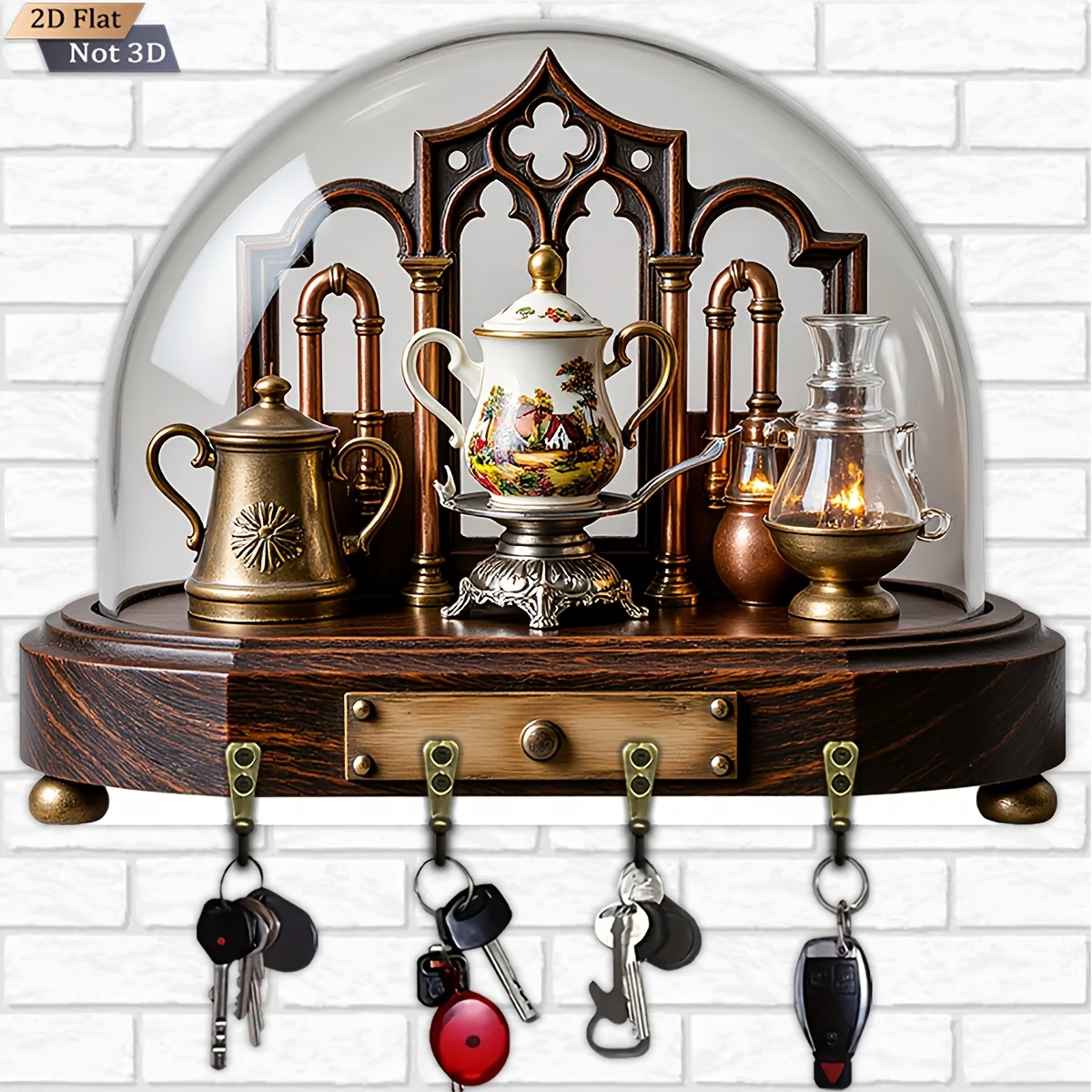 2D Flat, 1pc, European Retro Glass Cover Key Hook Wooden Multifunctional Home Key Rack, with Four Metal Hooks, Wall Decoration,
