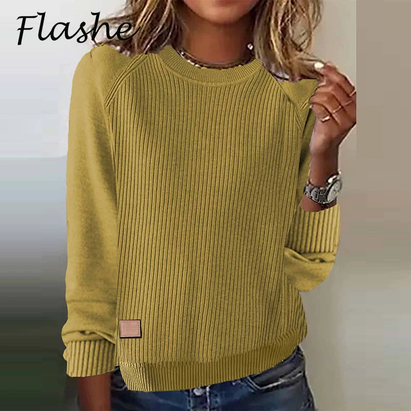 

Осенне-зимний свитер с длинными рукавами для женщин, повседневный вязаный свитер с круглым вырезом, женская модная базовая блузка, джемпер