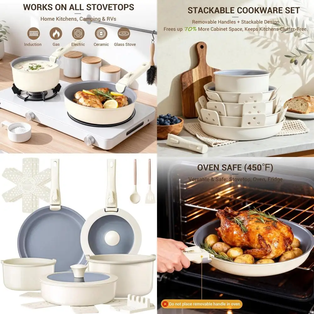 

18-Piece Non-Stick, Healthy Cookware Set with Detachable Handles, Oven and Dishwasher Safe, Induction Compatible, PFAS/PFOA/PTFE