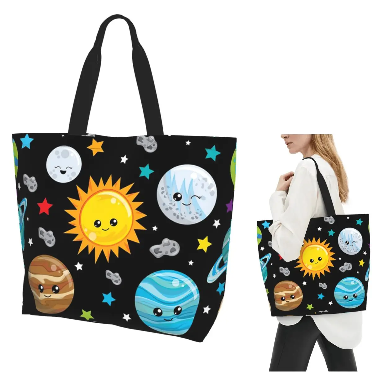 Kawaii Planets Cute Solar System Shopping Tote Bag Canvas Large Capacity Shoulder Bags Shopper Grocery Handbag for Women