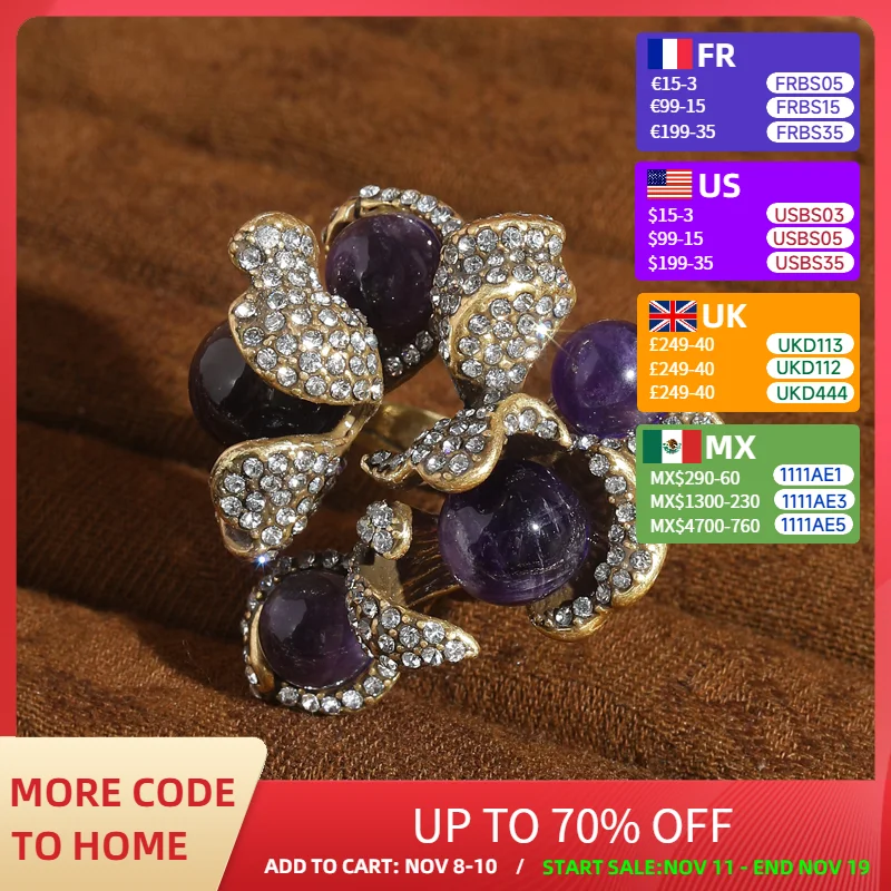 

Vintage Purple Natural Stone Flower Ring Rhinestones Gothic Jewelry Party Accessories Luxury Quality Valentine Day Gift 2025
