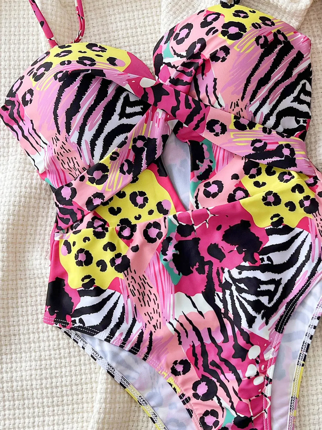 sexy pink leopard print swimsuit one piece hollow out thong Bikinis Swimwear Swimsuits beach outfits bodysuit biquini tankini