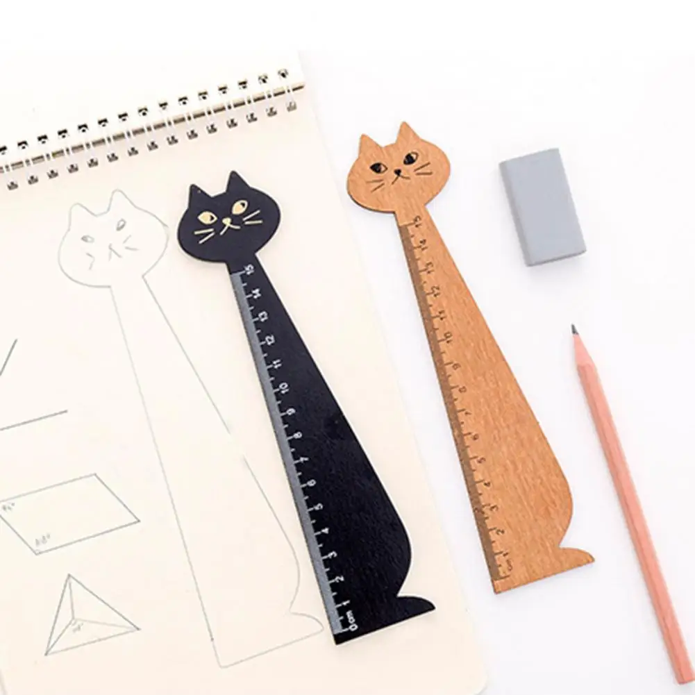 Ruler Retro Sturdy Clear Scale tationery Eco-friendly Cartoon Cat Wooden Drawing Ruler for School
