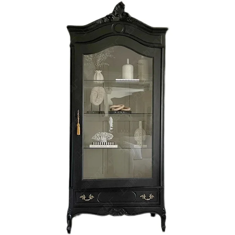 

ls 27 Nordic French retro old solid wood glass display cabinet black open simple fashion can be customized