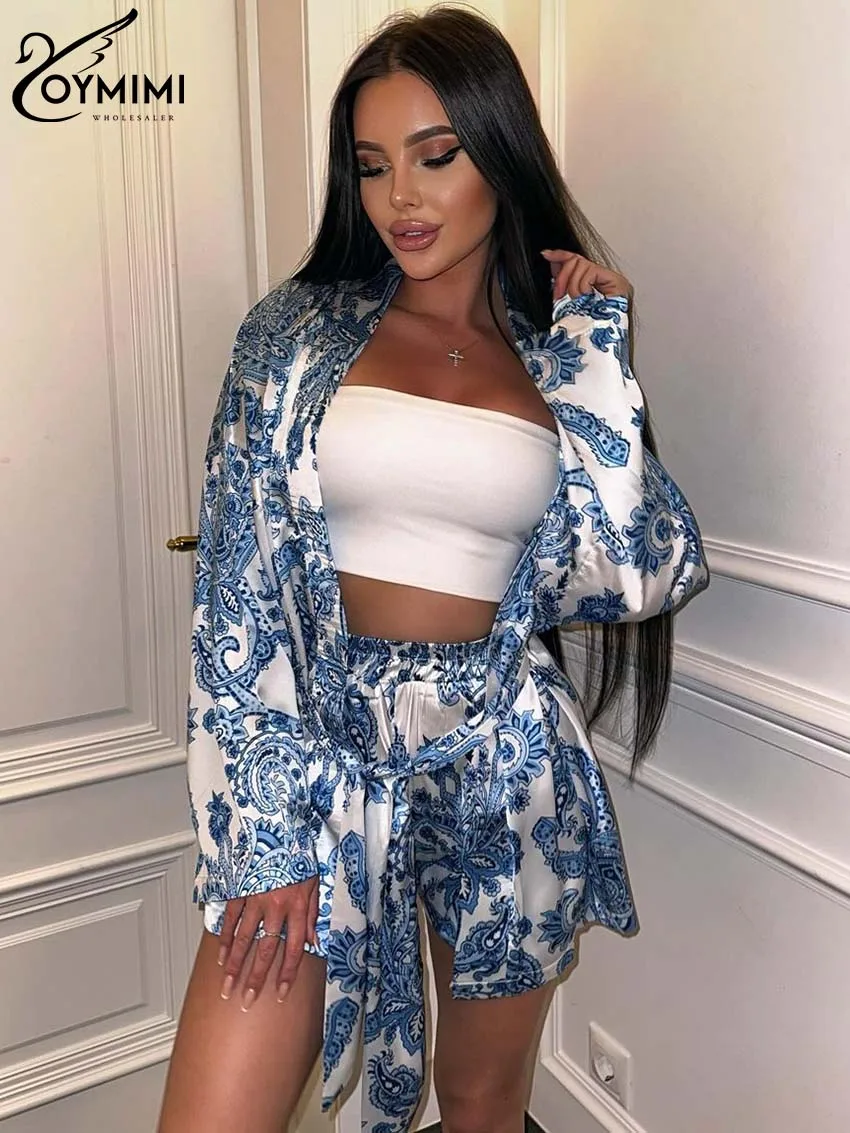 

Oymimi Fashion Blue Print Two Piece Outfits Women Casual Long Sleeve Lace-Up Shirts And High Waist Side Slit Shorts Female Sets