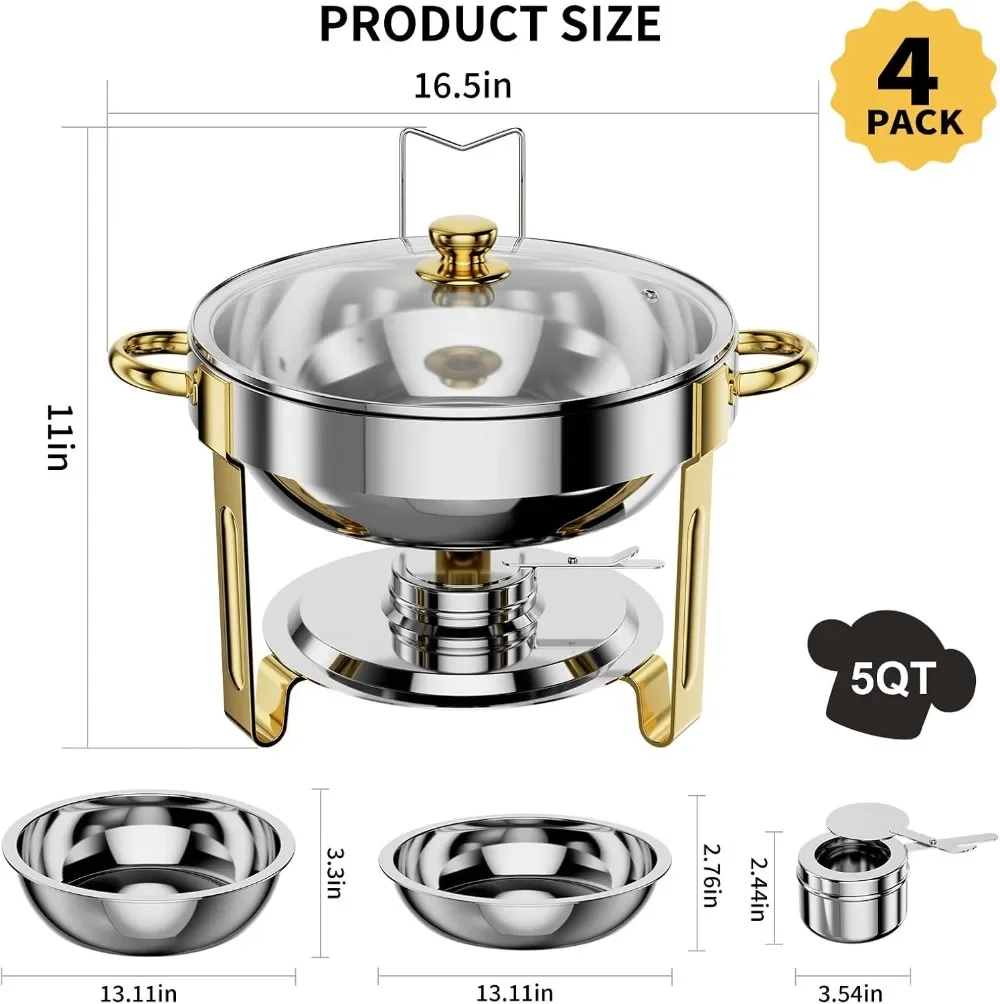 Chafing Dishes for Buffet Set of 4, 5QT [95% Pre-Assembled] Round Chafing Dish Buffet Set with Glass Lid & Lid Holder