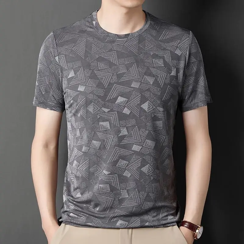 Mulberry Silk Men's Short-sleeved T-shirt Loose Jacquard Half-sleeved T-shirt with Trendy Casual Ice Silk Base Shirt