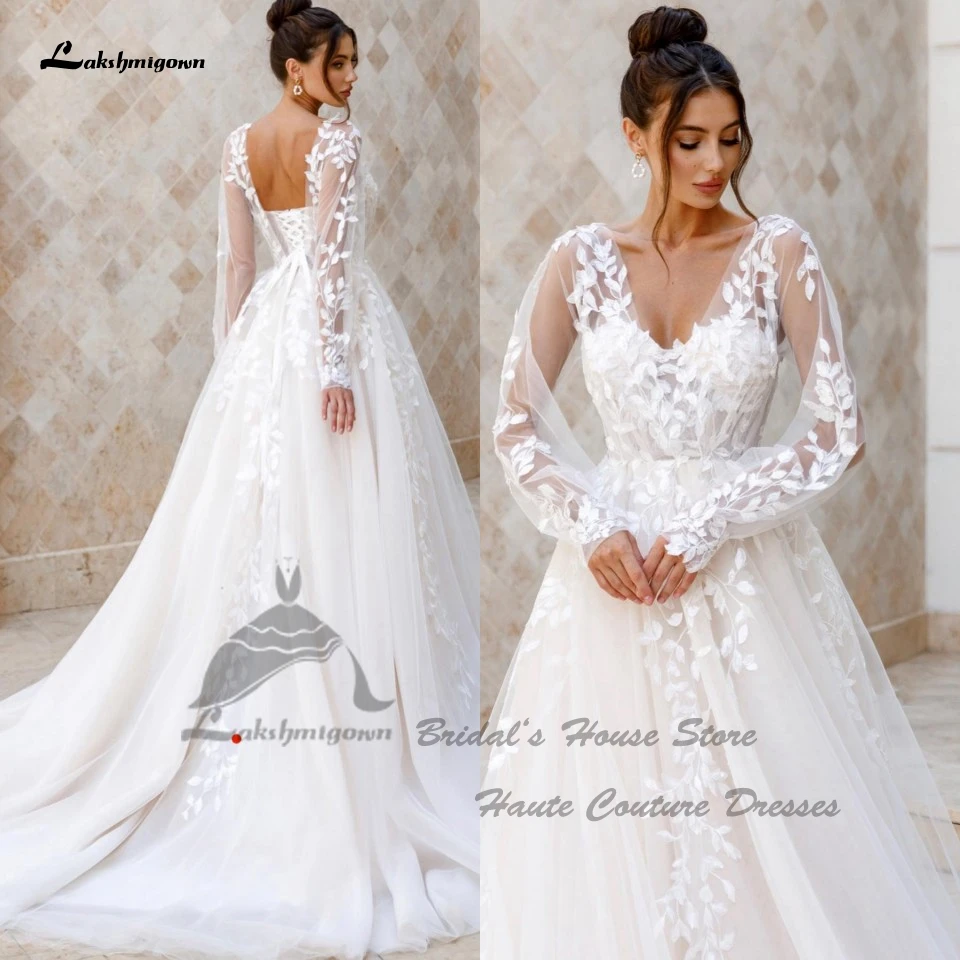 Lakshmigown Vintage Lace Long Sleeve Wedding Dresses Beach 2024 Vestidos Arabic Women Elegant Bridal Gowns Corset Lace Up Back