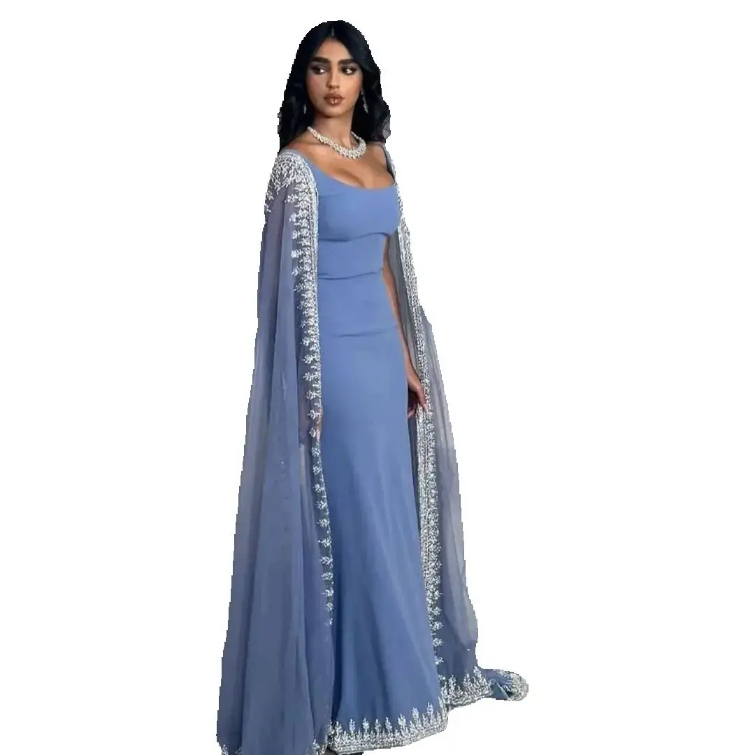 Robe de soirée bleue poussiéreuse arabe de Dubaï pour femmes, cape initiée à la dentelle, satin, mousseline de soie, Rh, quelle que soit la longue robe élégante, robe éducative, 2024