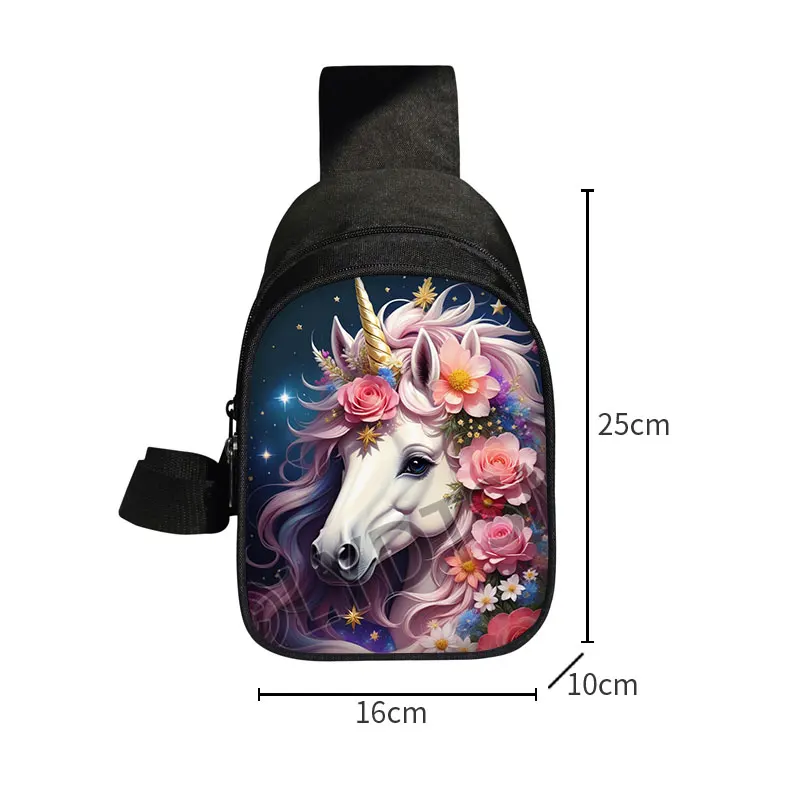 Simpatico unicorno con stampa floreale Borsa sul petto Fantasy Unicorn Borse a tracolla da donna per borse a tracolla da viaggio Portachiavi per telefono