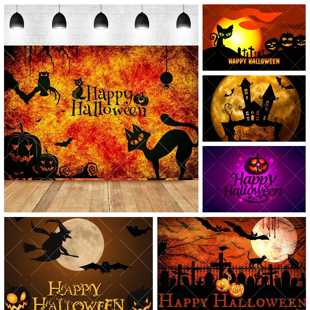 Halloween Party Pumpkin Lamps Evil Witch Cat Trick Or Treat Banner Backdrop Custom Kid Adult Room Photography Studio Backdground