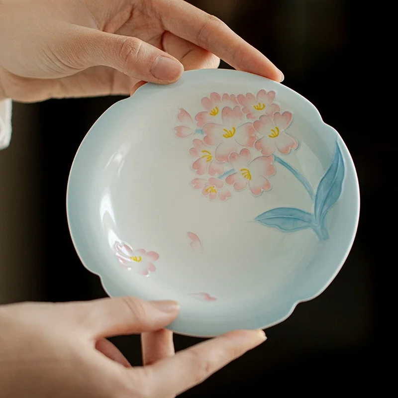 Jade Mud Water Hibiscus Hand-painted Petals Pot Bearing Kung Fu Tea Set Household Dry Brewing Plate Ceramic Tea Point Plate Disc