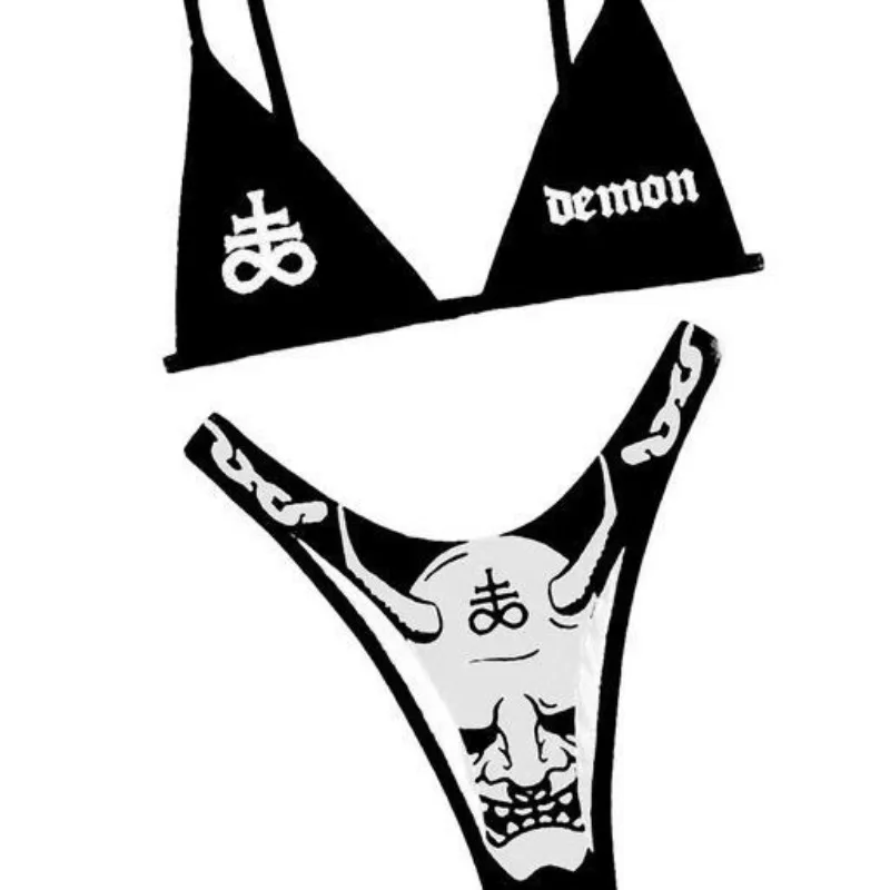 Gothic Demon Print Bikini Set 2026 New Punk Style Women's Two Piece Swimsuit Sexy Bathing Suit Beachwear