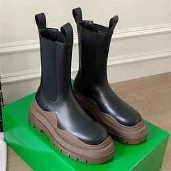 Kobiety w połowie buty ze skórki cielęcej gruba podeszwa platforma buty dla kochanków mężczyzn jesienny rycerz Chelsea Boots wsuwane skórzane Botas Mujer