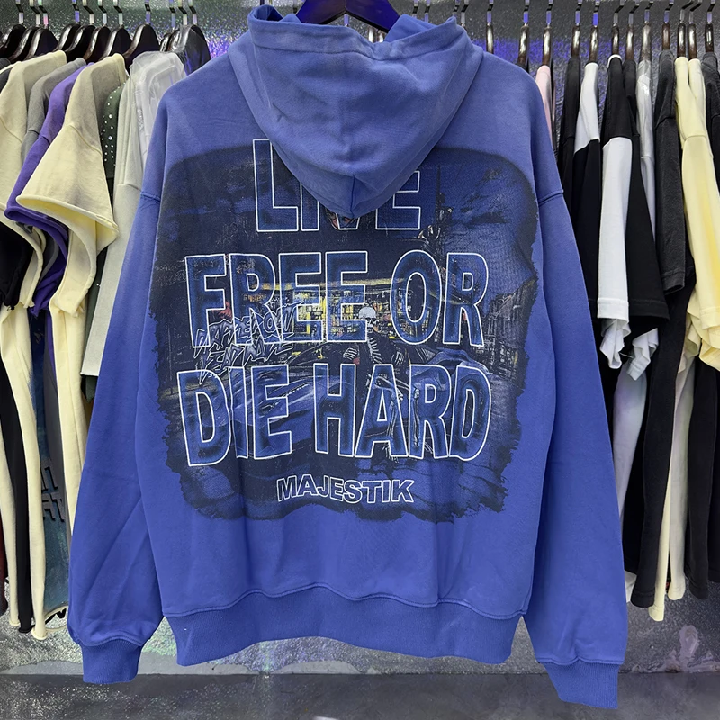 Hip Hop Trend Majestik Hoodie Sweatshirt High Quality Retro Casual Wash Rhinestone Pattern Pullover