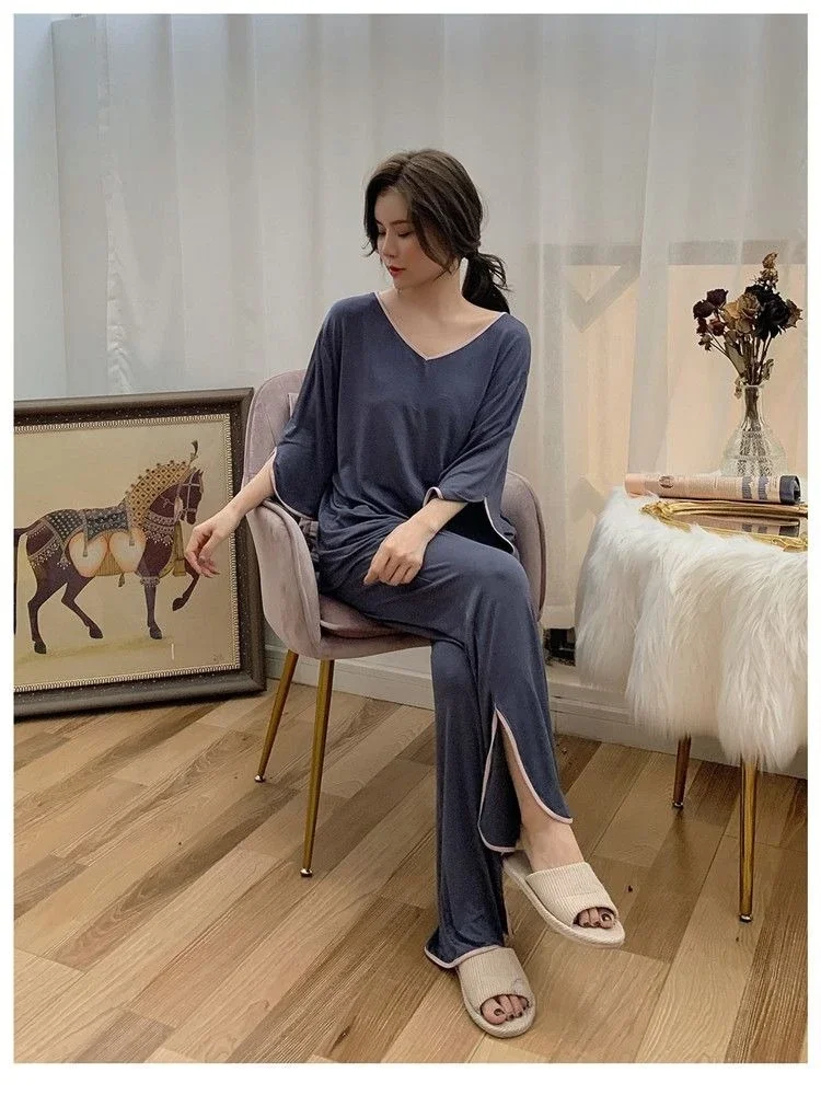 

150Kg Plus Size Women Solid V-neck Pajamas Set Summer Autumn Short Sleeves Tops Trousers Two-piece Set Loose Backless Loungewear