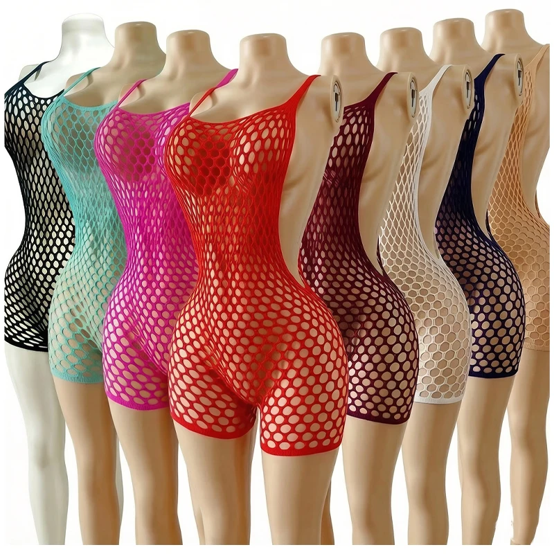 Sexy Fishnet Romper Jumpsuit Deep V Neck hollow Out Elastic Beach Cover Up Women Summer Rave Festival Outfit resort Wear