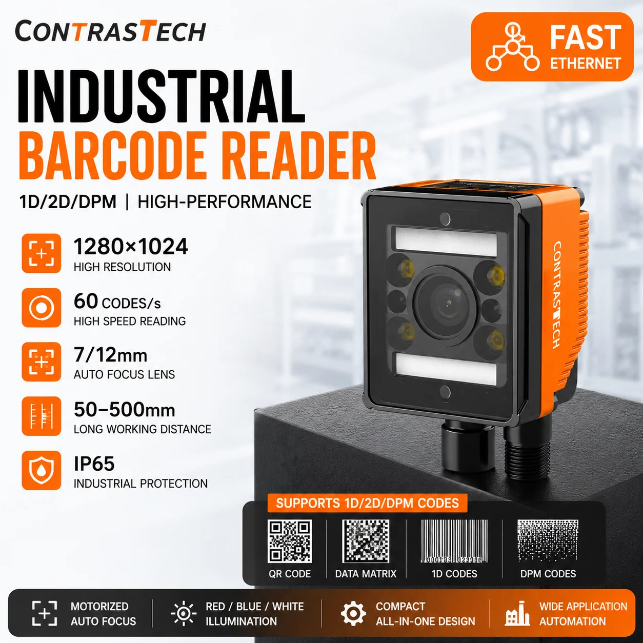 Auto Focus Industrial Barcode Reader 1280x1024 60FPS 60 Codes/s 1D 2D DPM Fast Ethernet 50-500mm VRB13xxS CONTRASTECH