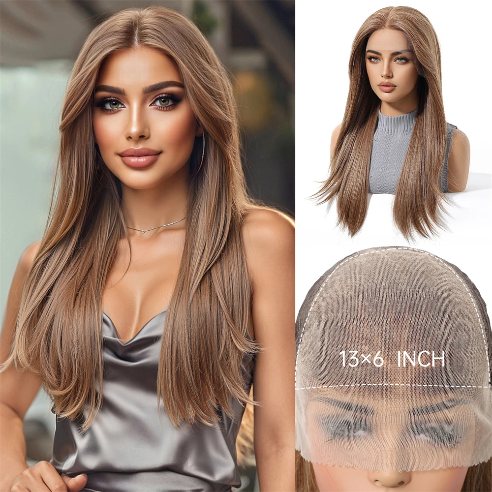 باروكة دانتيل كبيرة مقاس 13 * 6، شعر مستقيم طويل بني أسود متوسط، تسريحة شعر عصرية لكامل الرأس، طراز نسائي من الذهب الأبيض #6