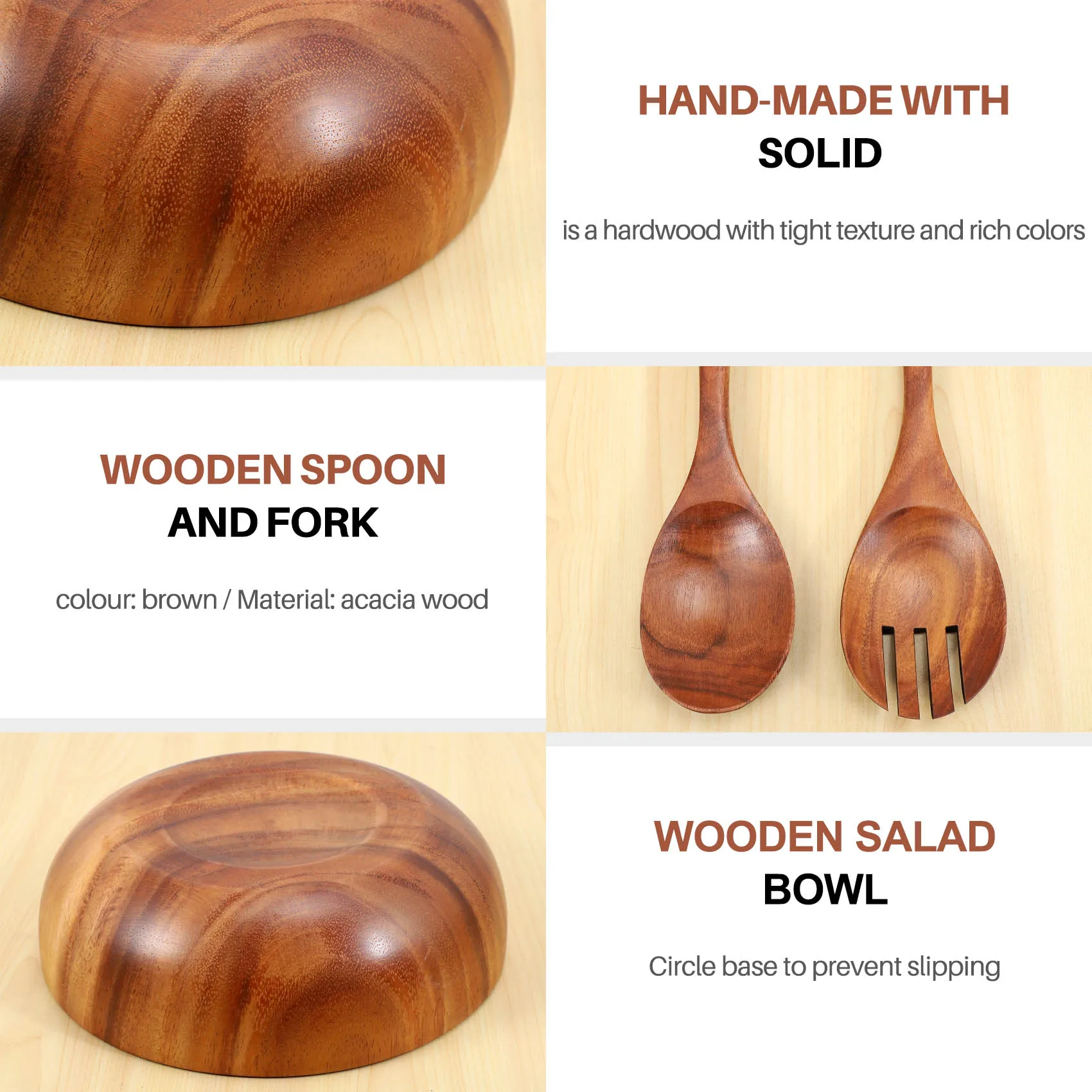 J1UL1N Wooden Salad Bowl-Large 9.4 Inch Acacia Wood Salad Wooden Bowl With Spoon, Can Be Used For Fruit, Salad